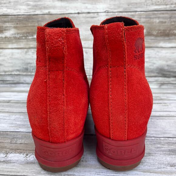 Sorel Boots Evie Pull On Bootie Sz 7.5 Orange Suede Waterproof Wedge Casual - Picture 3 of 10